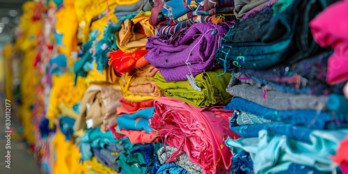 Fashion waste colorful clothing scraps at a municipal waste sorting facility showcasing the impact of discarded fashion. Concept Fashion Waste, Clothing Scraps, Municipal Waste Sorting