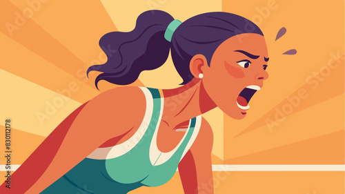 A woman panting and gasping for breath ly able to complete the last few reps of her intense interval training session.. Vector illustration