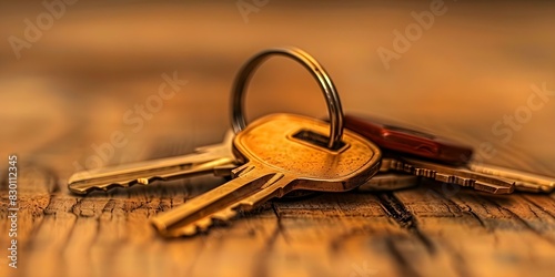 A closeup of keys on a wooden desk symbolizing home ownership rental or hotel stay. Concept Real Estate, Property Ownership, Home Rental, Hotel Accommodation, Key Symbolism
