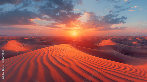 mesmerizing image of Thal Desert sunset golden sand stretching horizon dune sculpted wind into graceful curve desert s stark beauty tranquil atmosphere evoke sense of timeless wonder offering serene r