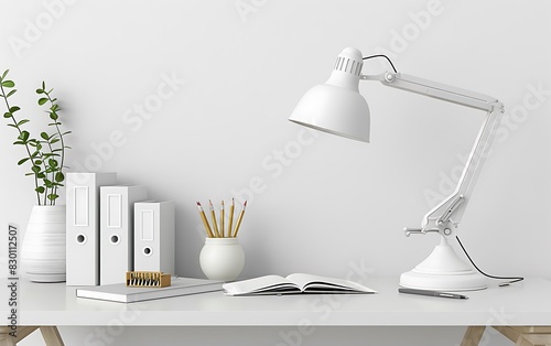 Modern home office interior with a white desk, lamp and stationery on an empty wall background