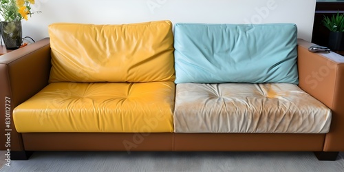 Beforeafter images of sofa drycleaning demonstrate cleaning services effectiveness visually. Concept Sofa Drycleaning, Before and After, Cleaning Services, Visual Demonstration, Effectiveness photo