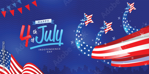 Happy 4th of July Independence Day modern greeting banner, background with shooting stars of usa flag ribbon, waving flag, and bunting decoration on blue background. Vector illustration. 