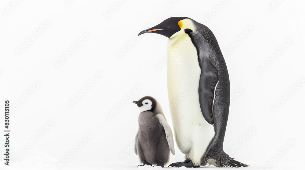 Fototapeta premium Emperor Penguin Standing Beside Chick on Snowy Ground