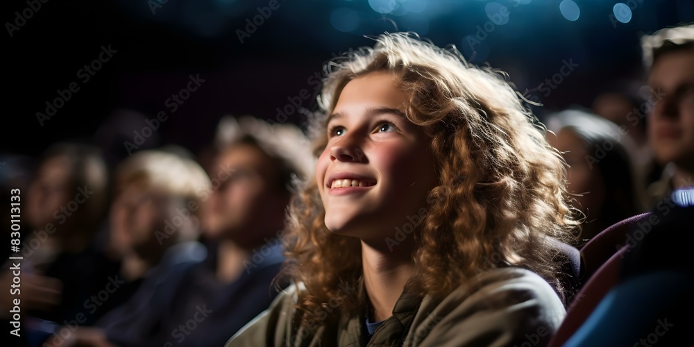 Fototapeta premium Youth frightened at art house cinema film screening. Concept Fear, Youth, Art House Cinema, Film Screening, Emotions