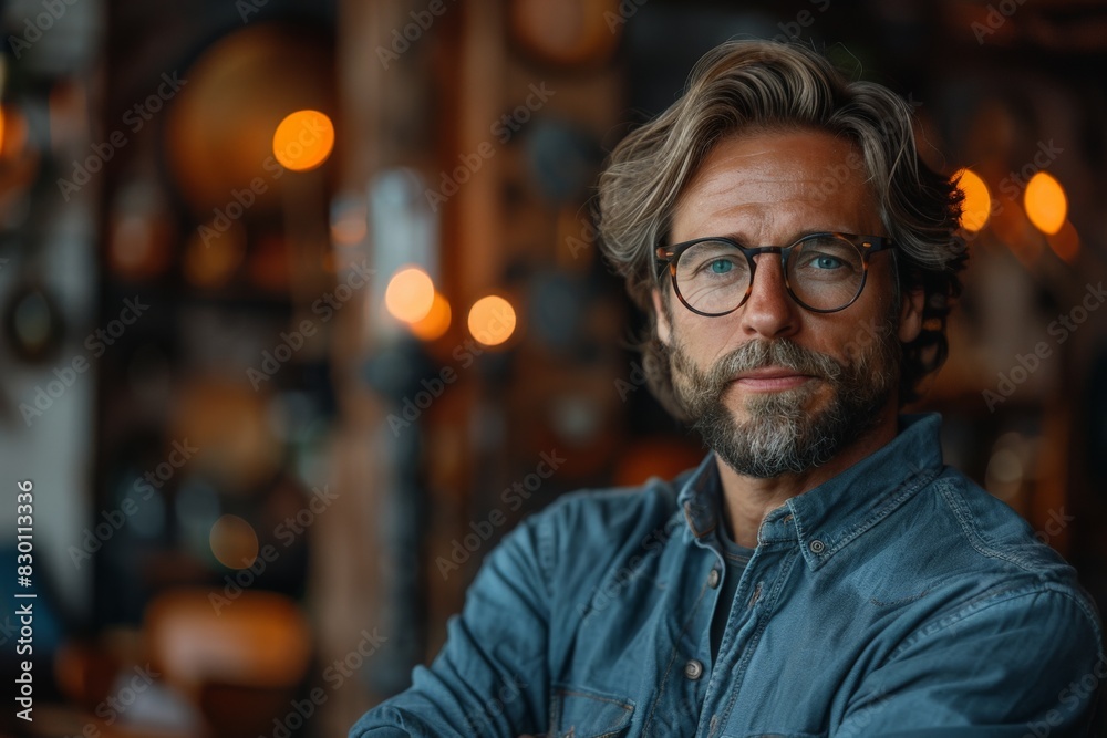 A mature, stylish man with glasses and a neatly groomed beard, in a warm indoor setting A mature, stylish man with glasses and a neatly groomed beard, in a warm indoor setting