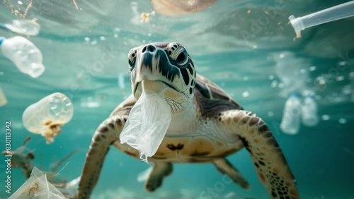 Turtle in plastic polluted ocean sea water, plastic bag in mouth