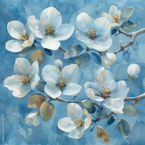 Apple Blossom, soft blues, whites, gentle greens, delicate and dreamy watercolor