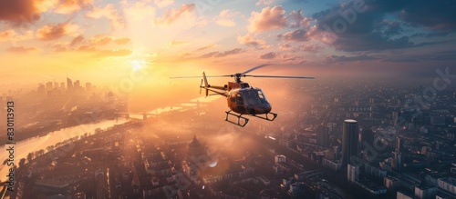 Modern Helicopter Soaring above a Cityscape Basking in Bright Natural Light photo