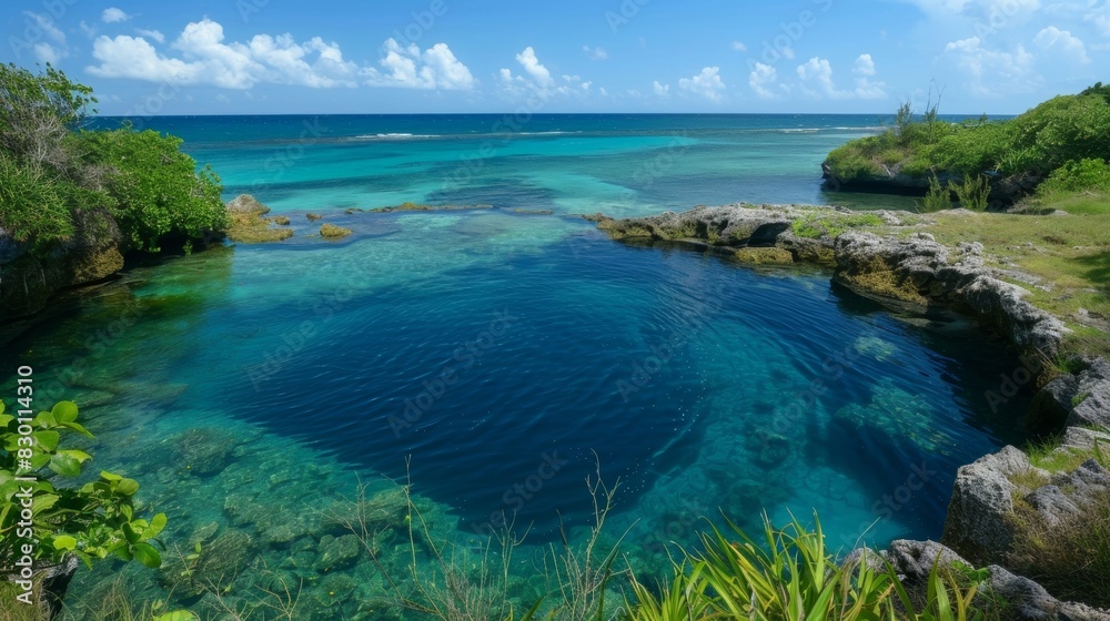 A breathtaking natural wonder a blue hole holds a tranquil oasis within the tumultuous ocean.