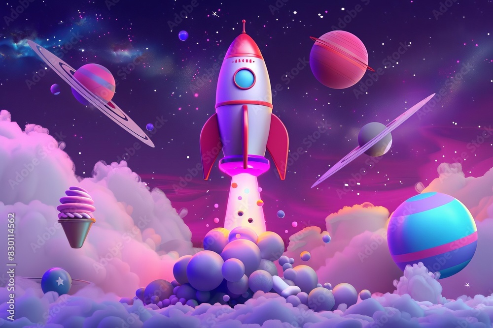 Fantasy Space Adventure Rocket Ship in Colorful Ice Cream Galaxy Fantasy Space Adventure Rocket Ship in Colorful Ice Cream Galaxy