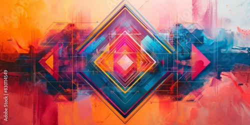 Abstract painting featuring a vibrant and colorful diamond shape in various shades and hues