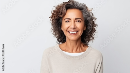 Portrait of beautiful happy smiling mature woman with toothy smile on white studio background