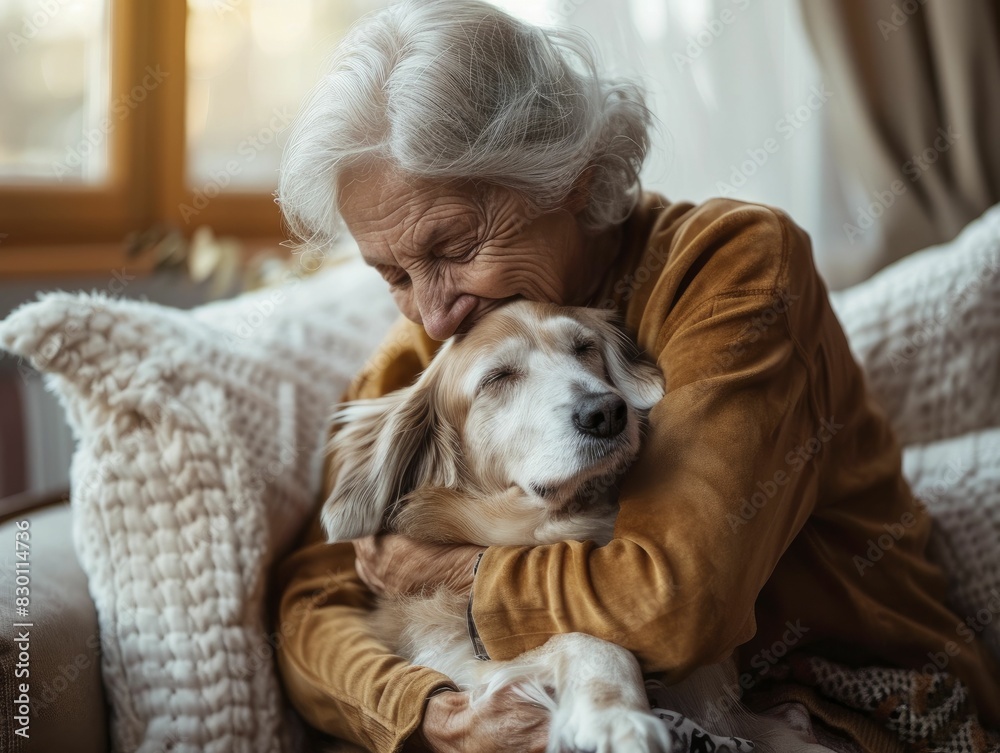 Obraz premium The elderly woman hugged her dog in a minimal side view, cozy home setting with warm light, showcasing their bond of love and companionship with a simple, minimal style.
