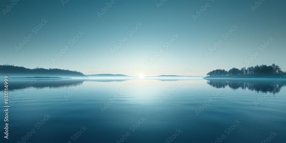 Fototapeta premium A body of water with trees visible in the distant background, under a clear sky