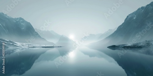 Snow covered mountains encircle a tranquil body of water in a breathtaking winter landscape photo