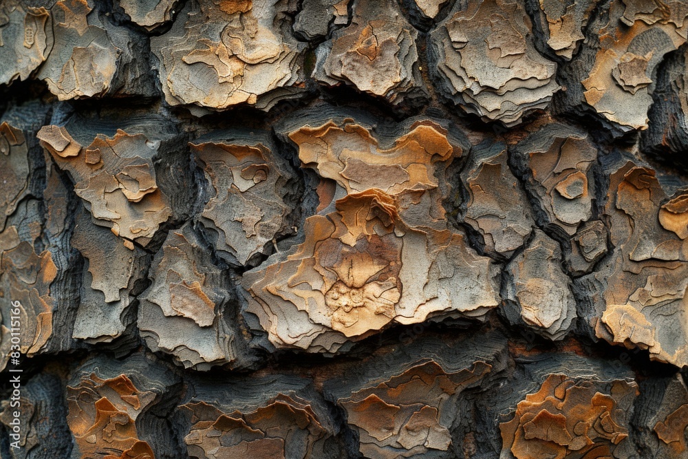 Close-up photograph capturing the intricate textures and patterns of pine bark in natural earth tones Close-up photograph capturing the intricate textures and patterns of pine bark in natural earth tones