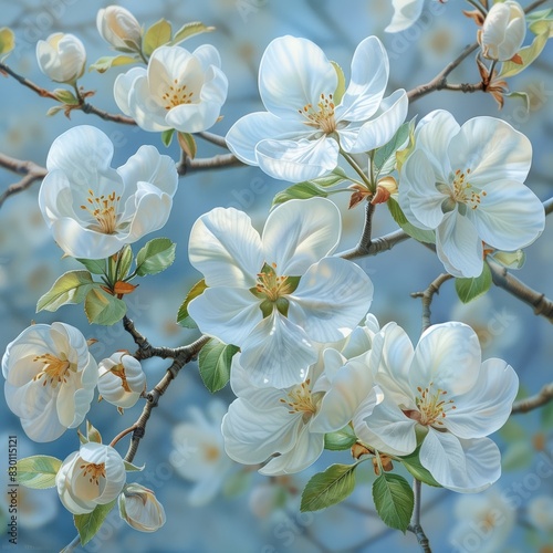 Apple Blossom  soft blues  whites  gentle greens  delicate and dreamy watercolor