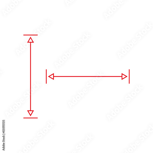 Long double red arrow. Thin straight dual arrows with size. Vector Illustration. 
