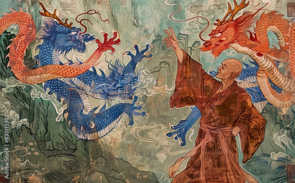 Naklejka premium Epic Battle of Mythical Dragons: Blue and Red Dragons Facing Off in Fantasy Landscape