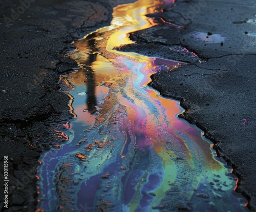 Oil slick on pavement, macro shot of oil spreading on road, smooth and reflective, dark and intriguing, high detail, simple minimal style.