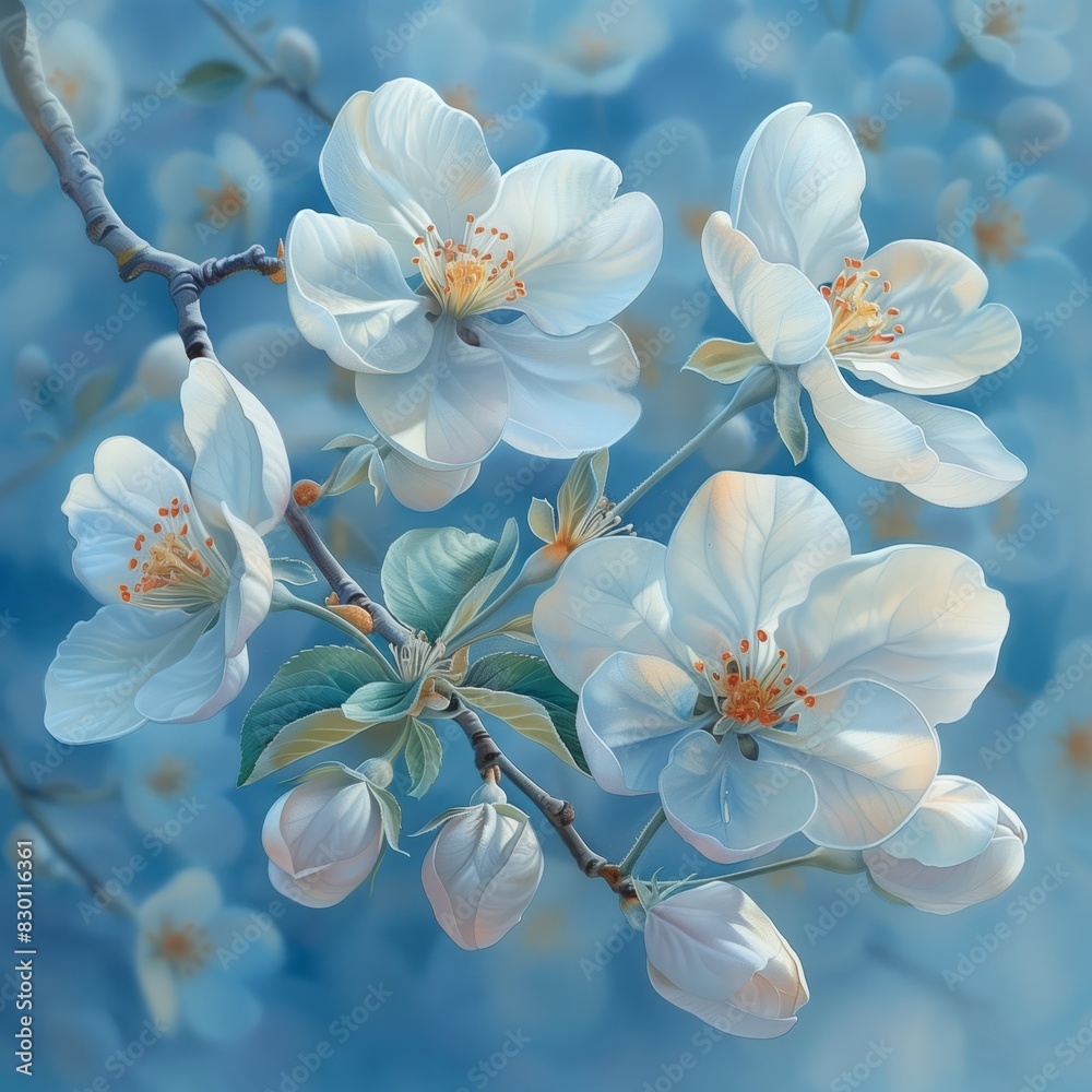 Apple Blossom, soft blues, whites, gentle greens, delicate and dreamy watercolor Apple Blossom, soft blues, whites, gentle greens, delicate and dreamy watercolor