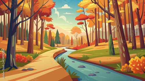 Autumnal Splendor in a Serene Forest Landscape with Stream