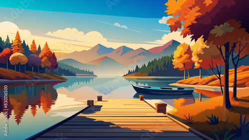 Serene Autumn Lakeside Scene with Canoe and Colorful Foliage