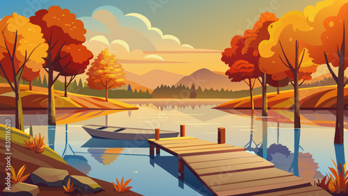 Tranquil Autumn Lake Scene with Colorful Foliage and Wooden Pier