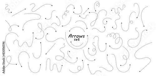 Set of hand drawn thin dash line arrows. Collection of curved pointers. Black dot vector pointers pointing in different directions. Simple design elements of signpost showing confusing complex path