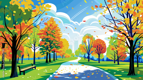 Vibrant Autumn Park Scene with Colorful Foliage and Blue Skies