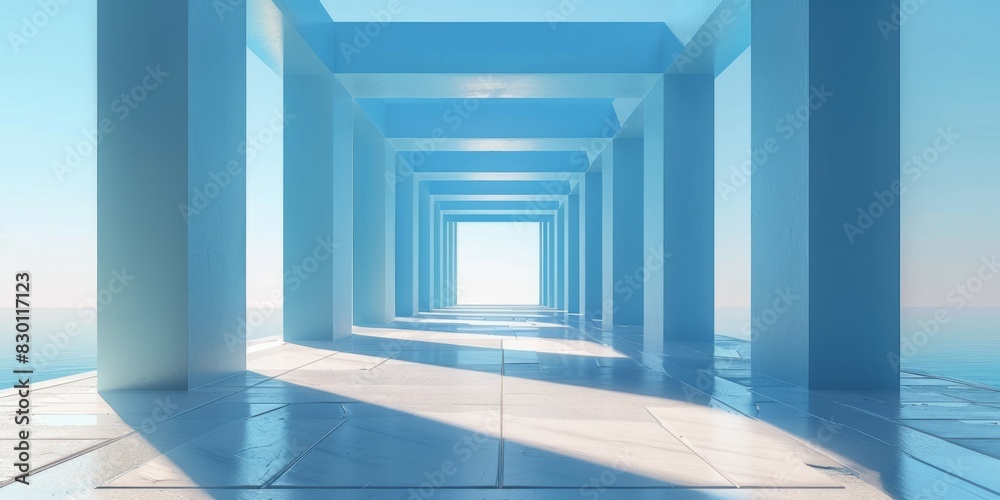 A long hallway leading towards a bright blue sky in the background A long hallway leading towards a bright blue sky in the background