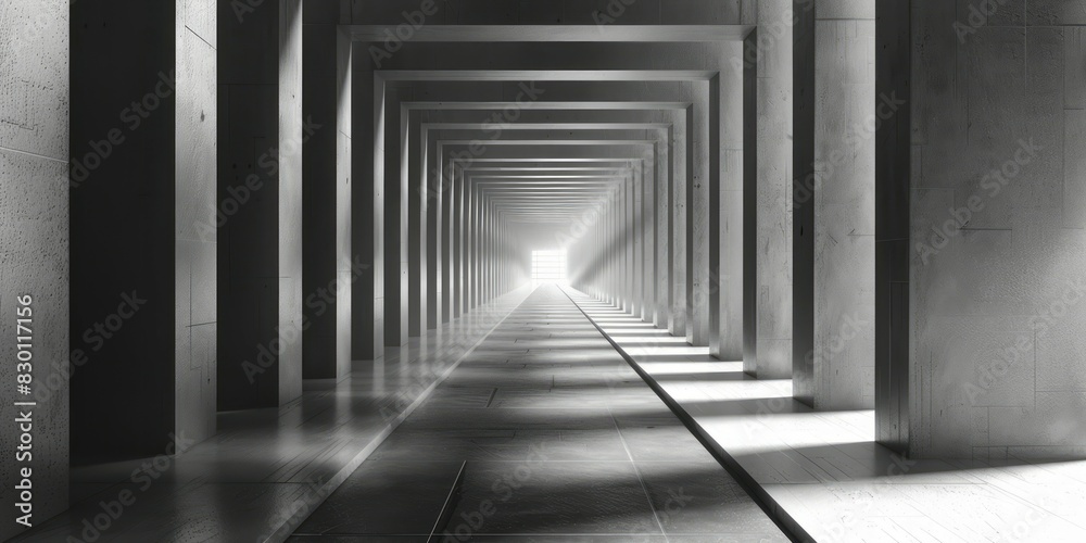 A monochromatic image of a lengthy hallway with dramatic lighting and contrasting shadows, creating a sense of depth and perspective A monochromatic image of a lengthy hallway with dramatic lighting and contrasting shadows, creating a sense of depth and perspective