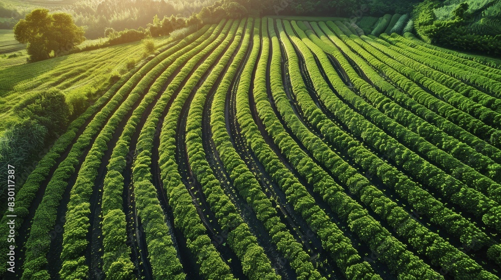 Fototapeta premium Sustainable water management, agricultural landscape with efficient irrigation systems, promoting water conservation, vibrant and green, simple minimal style.