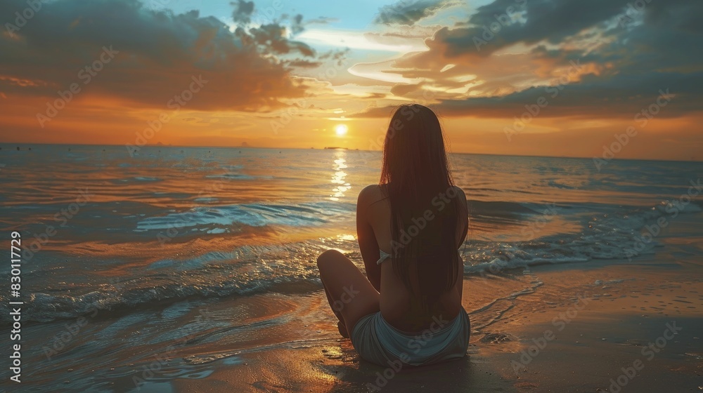 Woman admiring the beach sunset, minimal wide shot, tranquil beach with vibrant sunset, capturing a moment of peace and beauty, minimalistic style.