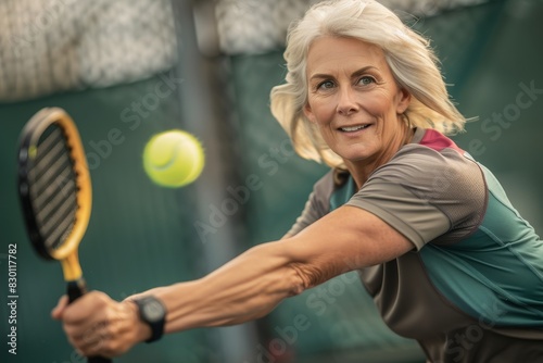 middle age caucasian woman playing pickleball