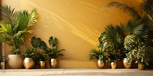 Modern tropical backdrop with gold palm trees and Splitleaf Philodendron plant. Concept Tropical Photoshoot  Gold Leaf Palm Trees  Splitleaf Philodendron  Modern Backdrop