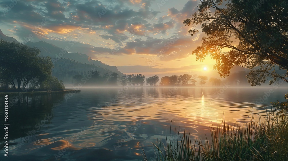 A hopeful scene of a sunrise over a tranquil lake, symbolizing new beginnings and hope for cancer patients