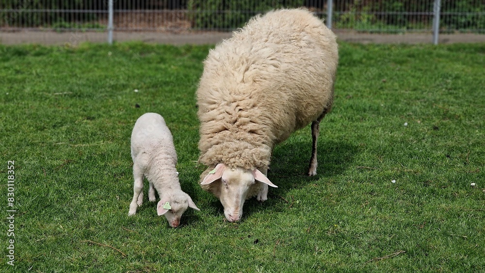 Mother sheep and her lamb grazing on a green vield, on a sunny day in spring. Mother sheep and her lamb grazing on a green vield, on a sunny day in spring.