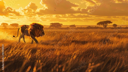 A male lion roaming the savannah photo