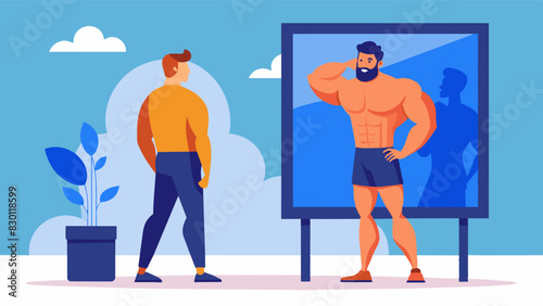 A man walks past a billboard featuring a muscular and toned male model feeling selfconscious about his own body and considering hitting the gym more often.. Vector illustration