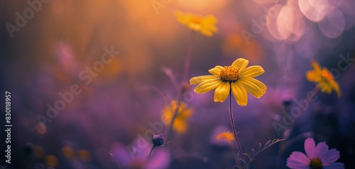 yellow pink cosmos flowers, summer and spring flower grass field, wildflower field

