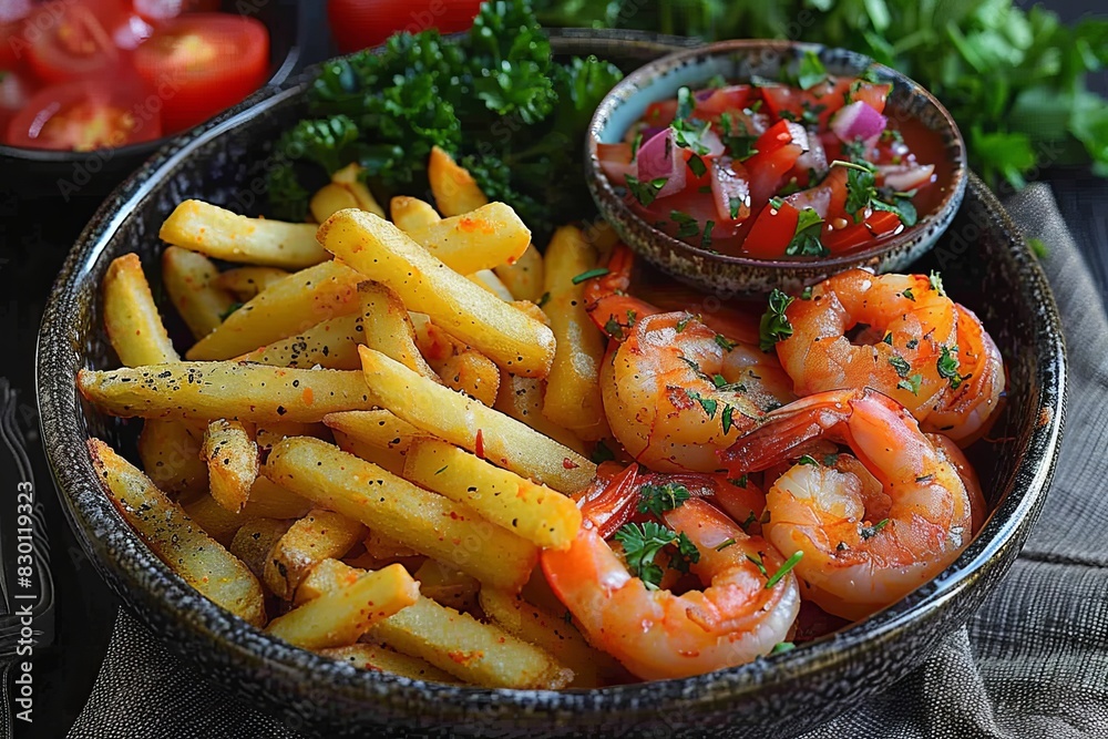 Bowl of French Fries and Shrimp Bowl of French Fries and Shrimp