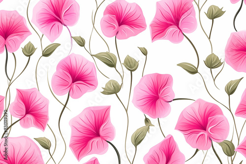 pink Asagao (Morning Glory) flowers seamless pattern in japanese style on white background