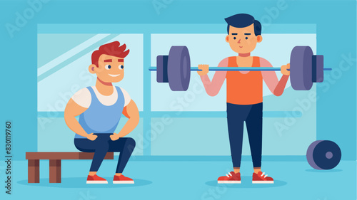 In the gym a man watches the person next to him lift weights with ease feeling a sense of inadequacy about his own strength.. Vector illustration