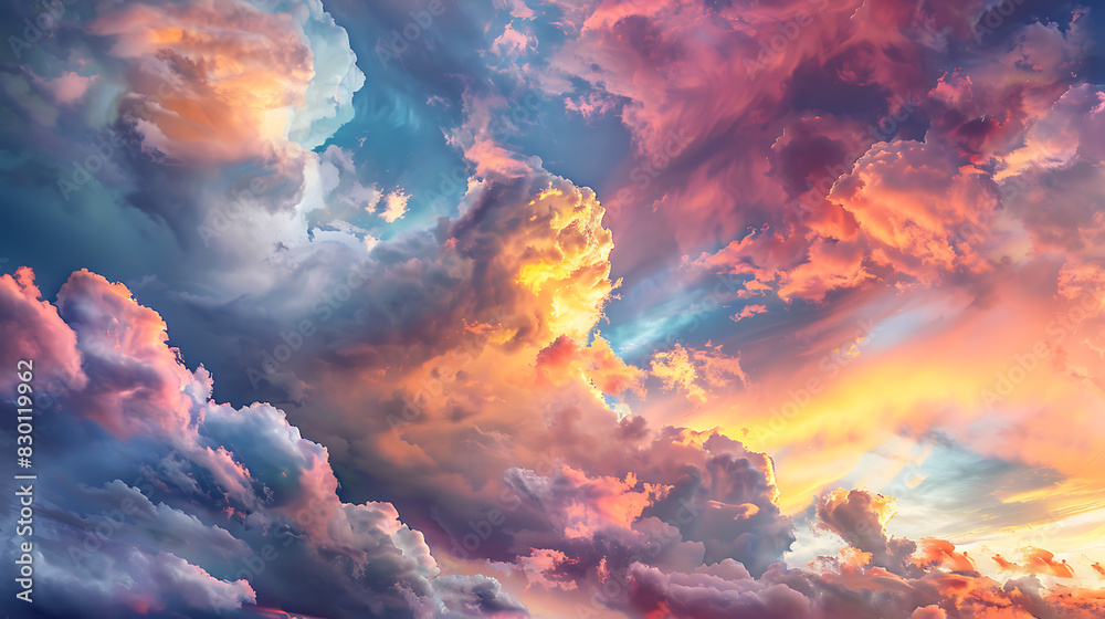 Vivid and dramatic sunset sky filled with clouds displaying an array of colors. Vivid and dramatic sunset sky filled with clouds displaying an array of colors.