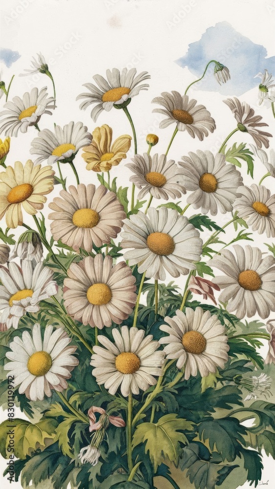 An image with lots of delicate daisies in full bloom. The vintage-style painting exudes nostalgic charm. An image with lots of delicate daisies in full bloom. The vintage-style painting exudes nostalgic charm.