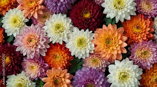  arrangement of multicolored spider mums with white, yellow, orange, red, purple, and pink petals. © Free