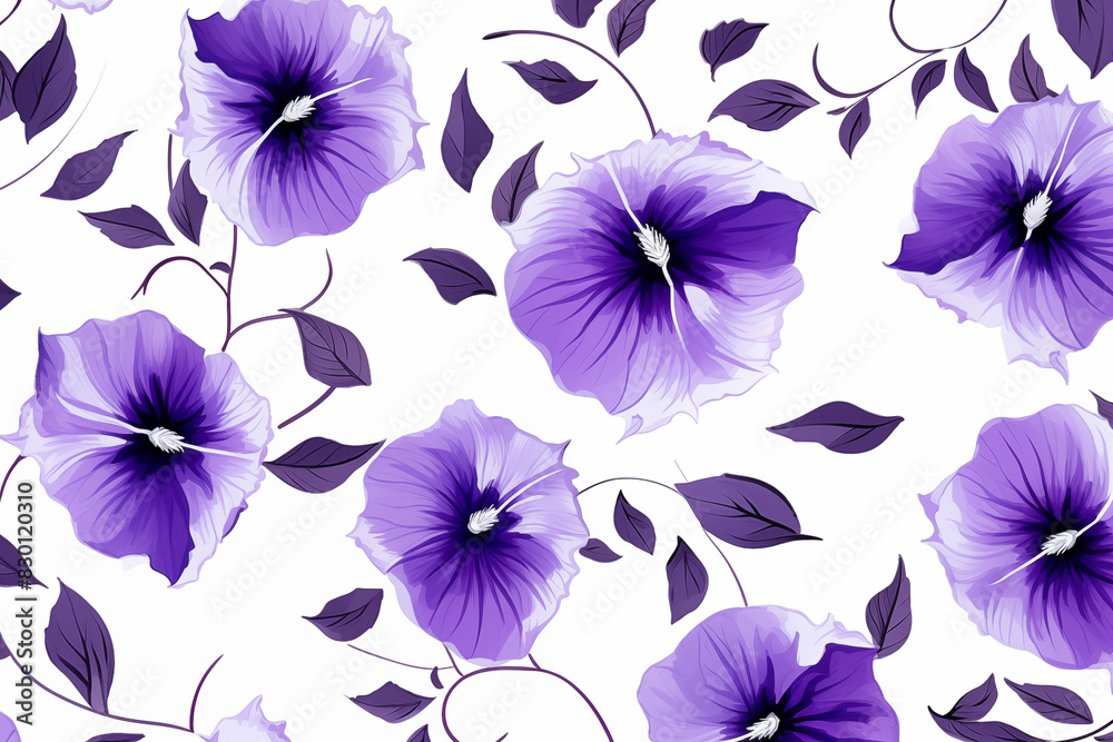 purple Asagao (Morning Glory) flowers seamless pattern in janpanese style on white background