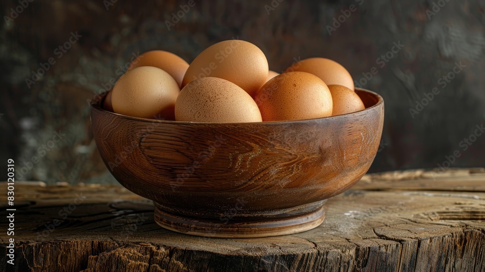 Wooden bowl filled with chicken eggs Wooden bowl filled with chicken eggs